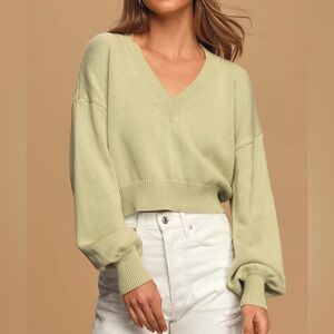 Lulus Womens V-Neck Cropped Sweater Just A Moment Size Small Sage Green Pastel